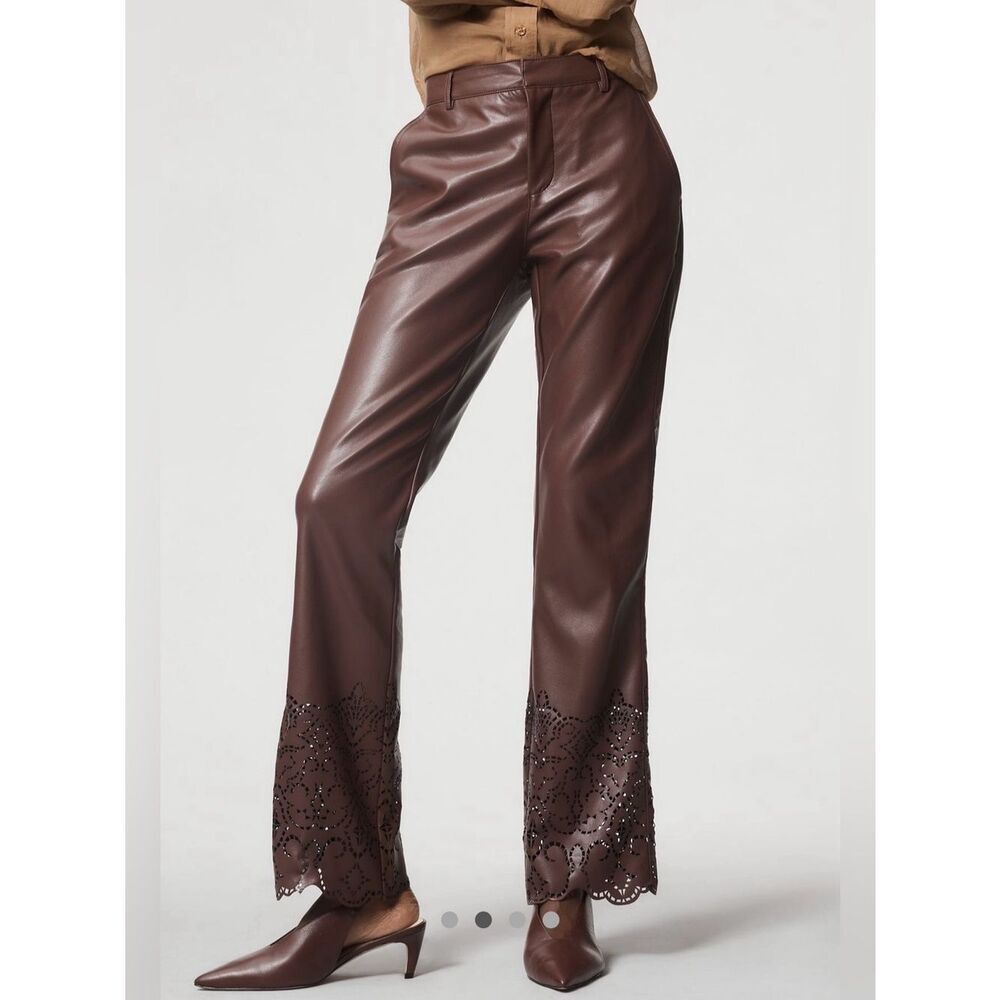 Anthropologie Laser Cut Faux Leather Novelty Slim Flare Pants Burgundy 8 NWT